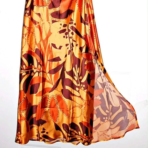 House of Harlow 1960 Ruched Side Satin Slip Coastal Maxi Dress Foliage Print M - Picture 3 of 14